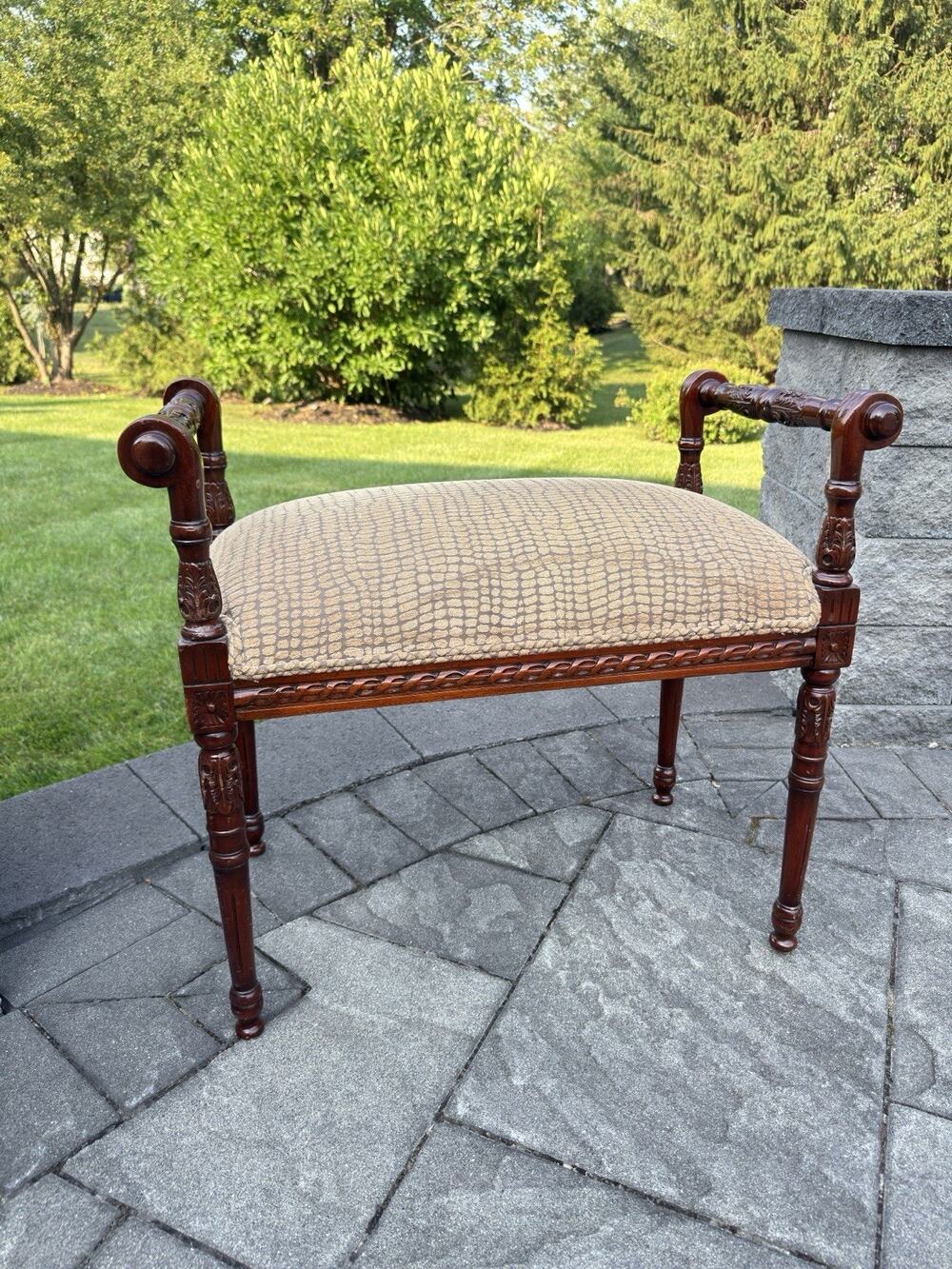 French Louis XVI Style Mahogany Vanity Bench with Textured Upholstery